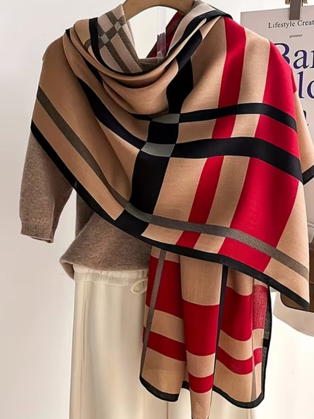 NEW Oversized Tartan Plaid Lightweight Pashmina Shawl Scarf Camel Beige Red Grey